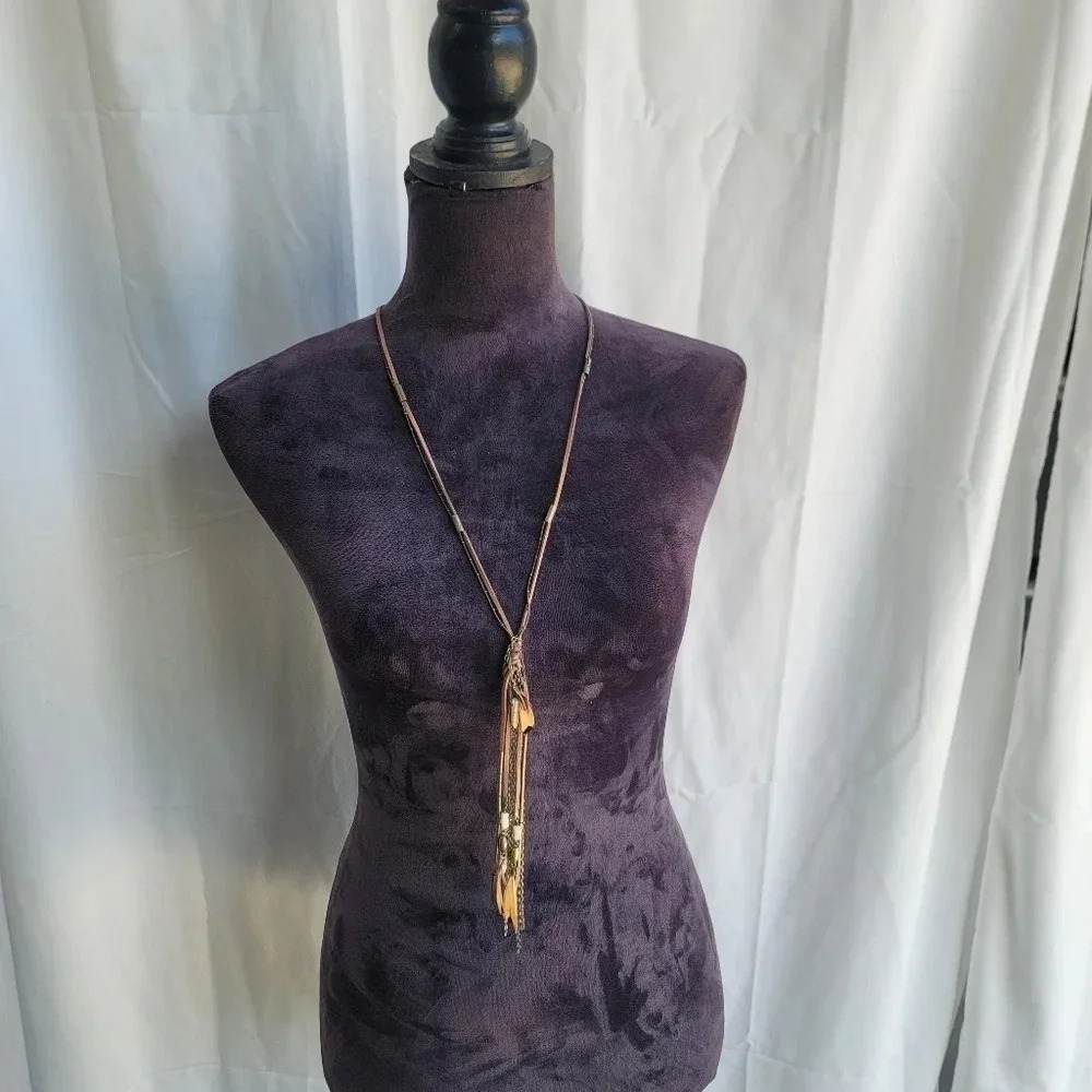 NWT Target Brown Chains Feather Beads Suede Southwestern Boho Necklace 28”